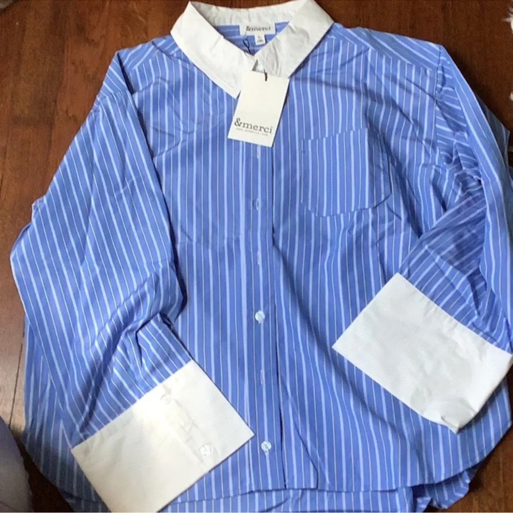 &merci Oversize Fit Striped Poplin Long Sleeve Shirt Blue Cotton Large NWTS - Picture 4 of 5